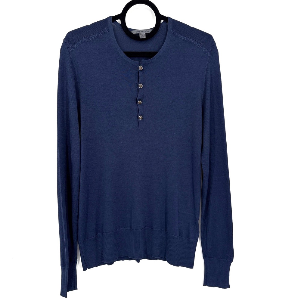 John Varvatos Artisan Silk Henley Sweater Mens Medium Blue Metal Button Crew
